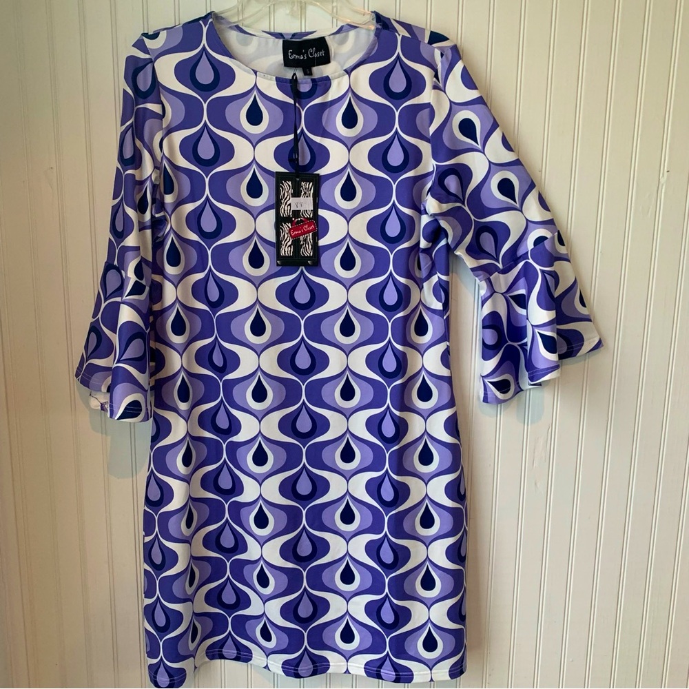 Erma’s Closet (NWT) (S) Dress, Round Neck, Purple Fun Pattern w/Belled Sleeves